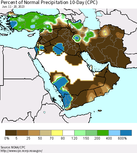 Middle East and Turkey Percent of Normal Precipitation 10-Day (CPC) Thematic Map For 6/11/2023 - 6/20/2023