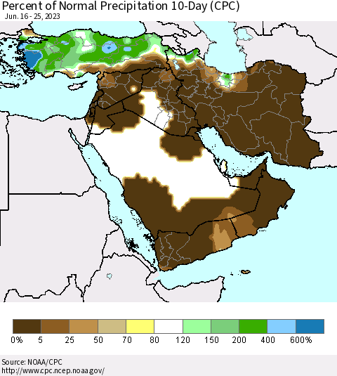 Middle East and Turkey Percent of Normal Precipitation 10-Day (CPC) Thematic Map For 6/16/2023 - 6/25/2023
