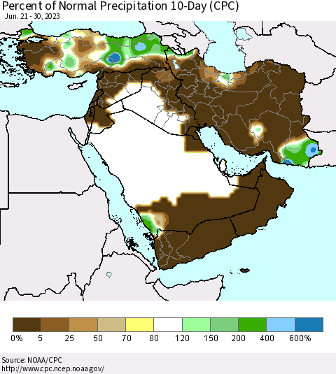 Middle East and Turkey Percent of Normal Precipitation 10-Day (CPC) Thematic Map For 6/21/2023 - 6/30/2023