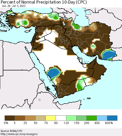 Middle East and Turkey Percent of Normal Precipitation 10-Day (CPC) Thematic Map For 6/26/2023 - 7/5/2023