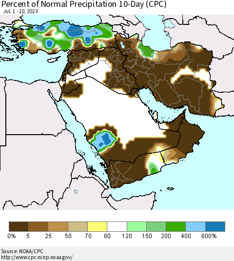 Middle East and Turkey Percent of Normal Precipitation 10-Day (CPC) Thematic Map For 7/1/2023 - 7/10/2023