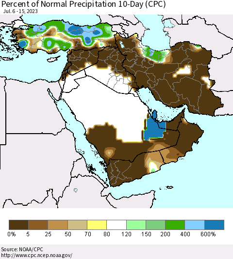 Middle East and Turkey Percent of Normal Precipitation 10-Day (CPC) Thematic Map For 7/6/2023 - 7/15/2023