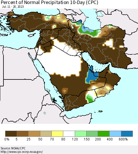 Middle East and Turkey Percent of Normal Precipitation 10-Day (CPC) Thematic Map For 7/11/2023 - 7/20/2023