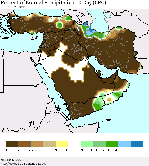 Middle East and Turkey Percent of Normal Precipitation 10-Day (CPC) Thematic Map For 7/16/2023 - 7/25/2023