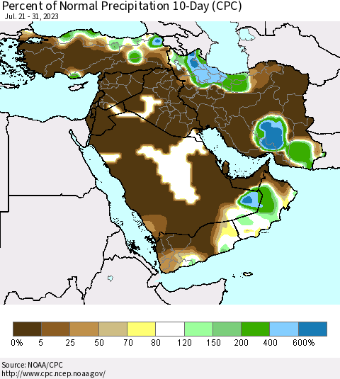 Middle East and Turkey Percent of Normal Precipitation 10-Day (CPC) Thematic Map For 7/21/2023 - 7/31/2023