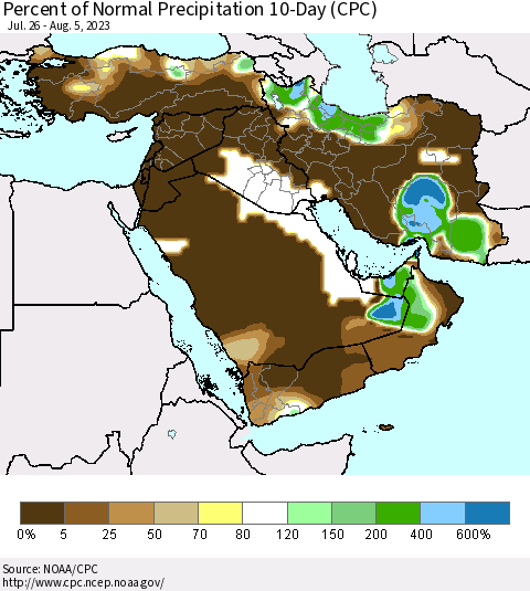 Middle East and Turkey Percent of Normal Precipitation 10-Day (CPC) Thematic Map For 7/26/2023 - 8/5/2023