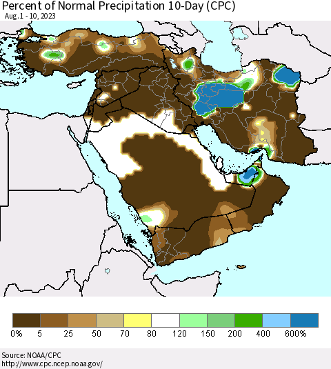 Middle East and Turkey Percent of Normal Precipitation 10-Day (CPC) Thematic Map For 8/1/2023 - 8/10/2023