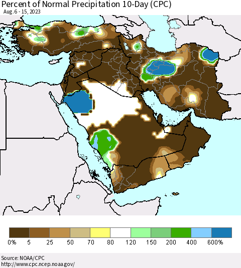 Middle East and Turkey Percent of Normal Precipitation 10-Day (CPC) Thematic Map For 8/6/2023 - 8/15/2023