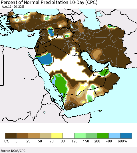Middle East and Turkey Percent of Normal Precipitation 10-Day (CPC) Thematic Map For 8/11/2023 - 8/20/2023