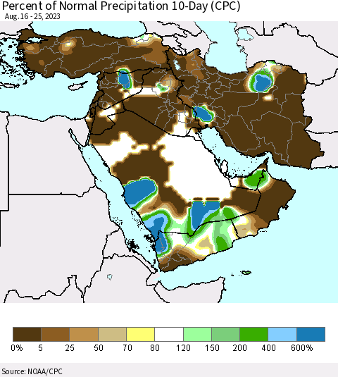 Middle East and Turkey Percent of Normal Precipitation 10-Day (CPC) Thematic Map For 8/16/2023 - 8/25/2023