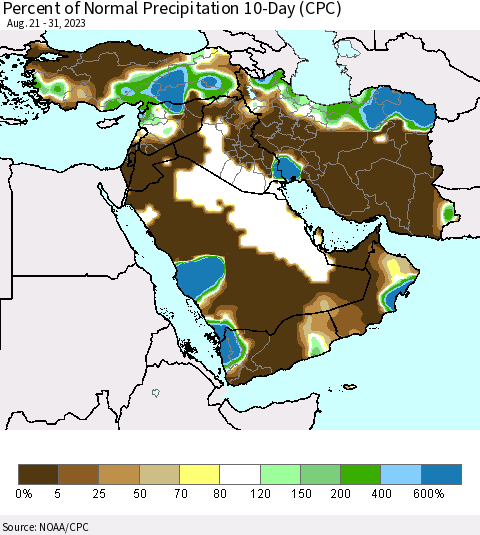 Middle East and Turkey Percent of Normal Precipitation 10-Day (CPC) Thematic Map For 8/21/2023 - 8/31/2023