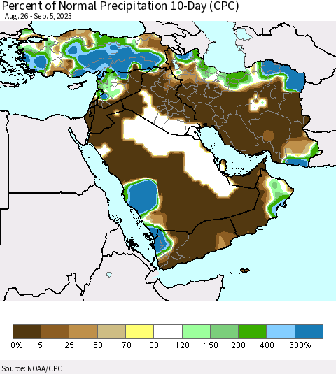 Middle East and Turkey Percent of Normal Precipitation 10-Day (CPC) Thematic Map For 8/26/2023 - 9/5/2023