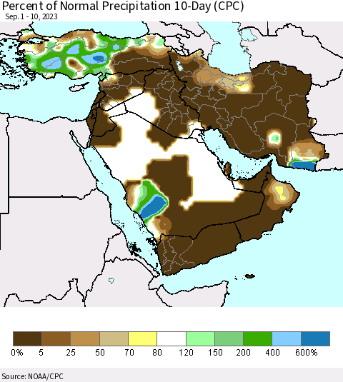 Middle East and Turkey Percent of Normal Precipitation 10-Day (CPC) Thematic Map For 9/1/2023 - 9/10/2023