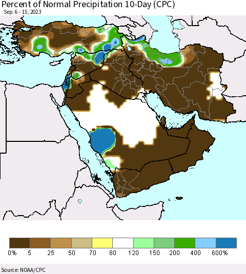 Middle East and Turkey Percent of Normal Precipitation 10-Day (CPC) Thematic Map For 9/6/2023 - 9/15/2023
