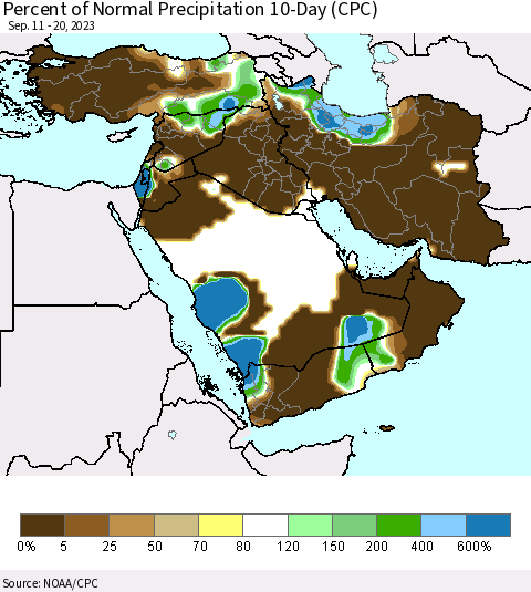 Middle East and Turkey Percent of Normal Precipitation 10-Day (CPC) Thematic Map For 9/11/2023 - 9/20/2023
