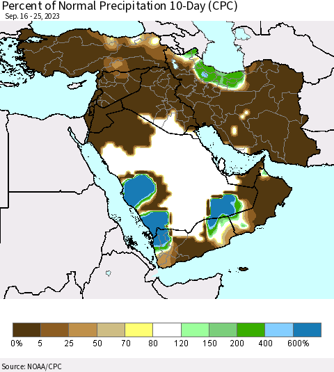 Middle East and Turkey Percent of Normal Precipitation 10-Day (CPC) Thematic Map For 9/16/2023 - 9/25/2023