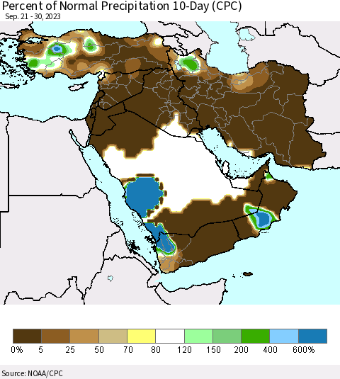 Middle East and Turkey Percent of Normal Precipitation 10-Day (CPC) Thematic Map For 9/21/2023 - 9/30/2023