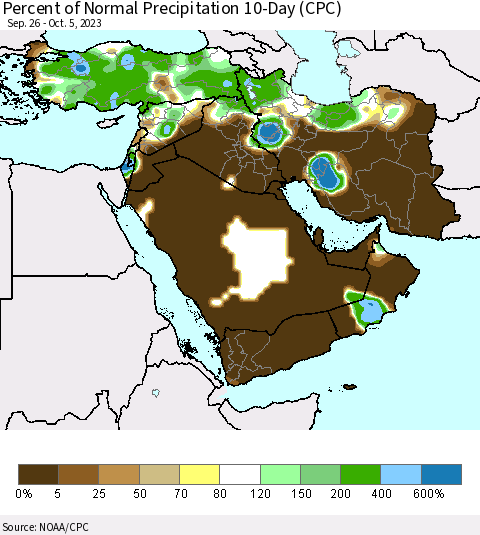 Middle East and Turkey Percent of Normal Precipitation 10-Day (CPC) Thematic Map For 9/26/2023 - 10/5/2023