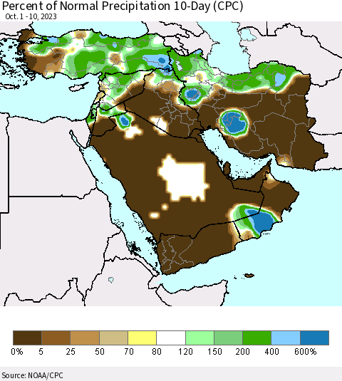 Middle East and Turkey Percent of Normal Precipitation 10-Day (CPC) Thematic Map For 10/1/2023 - 10/10/2023