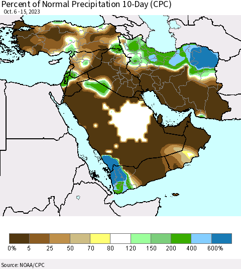 Middle East and Turkey Percent of Normal Precipitation 10-Day (CPC) Thematic Map For 10/6/2023 - 10/15/2023