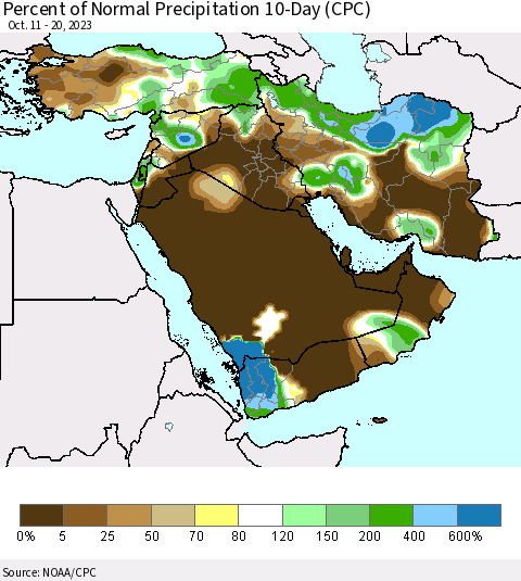 Middle East and Turkey Percent of Normal Precipitation 10-Day (CPC) Thematic Map For 10/11/2023 - 10/20/2023