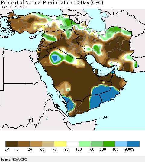 Middle East and Turkey Percent of Normal Precipitation 10-Day (CPC) Thematic Map For 10/16/2023 - 10/25/2023