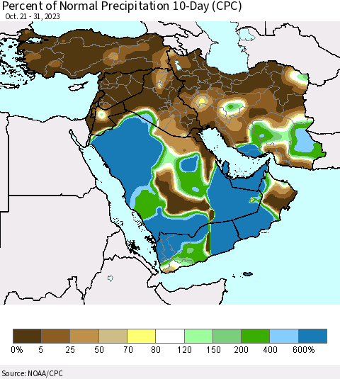 Middle East and Turkey Percent of Normal Precipitation 10-Day (CPC) Thematic Map For 10/21/2023 - 10/31/2023