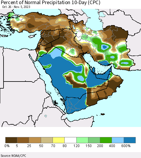 Middle East and Turkey Percent of Normal Precipitation 10-Day (CPC) Thematic Map For 10/26/2023 - 11/5/2023