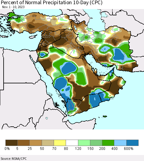Middle East and Turkey Percent of Normal Precipitation 10-Day (CPC) Thematic Map For 11/1/2023 - 11/10/2023