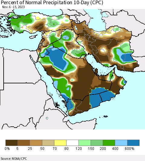 Middle East and Turkey Percent of Normal Precipitation 10-Day (CPC) Thematic Map For 11/6/2023 - 11/15/2023
