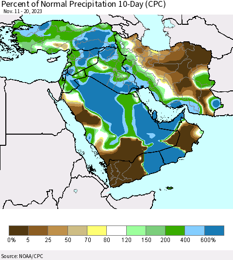 Middle East and Turkey Percent of Normal Precipitation 10-Day (CPC) Thematic Map For 11/11/2023 - 11/20/2023