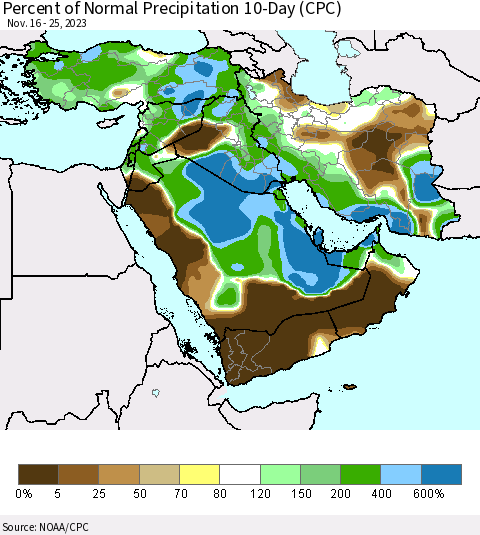 Middle East and Turkey Percent of Normal Precipitation 10-Day (CPC) Thematic Map For 11/16/2023 - 11/25/2023