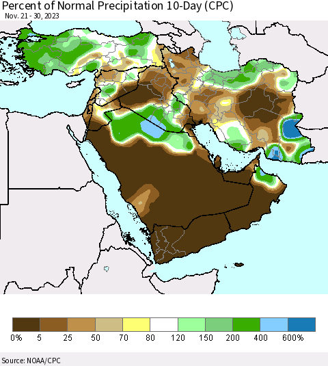 Middle East and Turkey Percent of Normal Precipitation 10-Day (CPC) Thematic Map For 11/21/2023 - 11/30/2023
