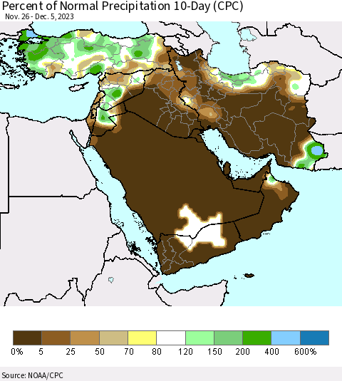 Middle East and Turkey Percent of Normal Precipitation 10-Day (CPC) Thematic Map For 11/26/2023 - 12/5/2023
