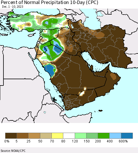 Middle East and Turkey Percent of Normal Precipitation 10-Day (CPC) Thematic Map For 12/1/2023 - 12/10/2023
