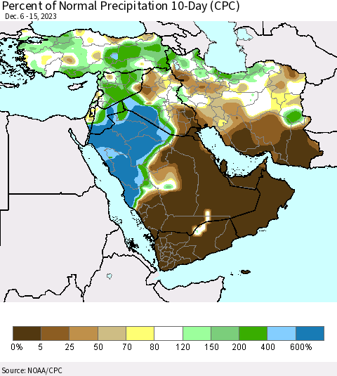 Middle East and Turkey Percent of Normal Precipitation 10-Day (CPC) Thematic Map For 12/6/2023 - 12/15/2023