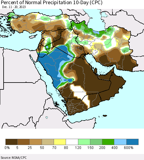 Middle East and Turkey Percent of Normal Precipitation 10-Day (CPC) Thematic Map For 12/11/2023 - 12/20/2023