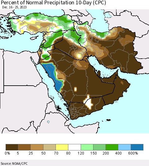 Middle East and Turkey Percent of Normal Precipitation 10-Day (CPC) Thematic Map For 12/16/2023 - 12/25/2023