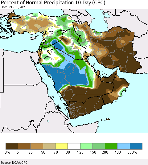 Middle East and Turkey Percent of Normal Precipitation 10-Day (CPC) Thematic Map For 12/21/2023 - 12/31/2023