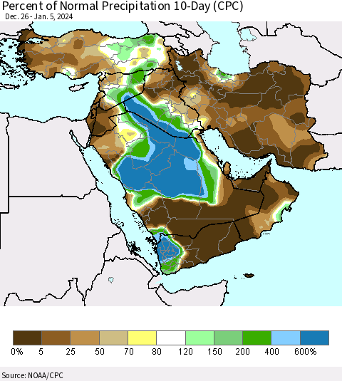 Middle East and Turkey Percent of Normal Precipitation 10-Day (CPC) Thematic Map For 12/26/2023 - 1/5/2024