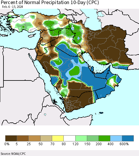 Middle East and Turkey Percent of Normal Precipitation 10-Day (CPC) Thematic Map For 2/6/2024 - 2/15/2024