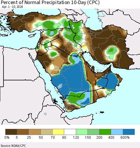 Middle East and Turkey Percent of Normal Precipitation 10-Day (CPC) Thematic Map For 4/1/2024 - 4/10/2024