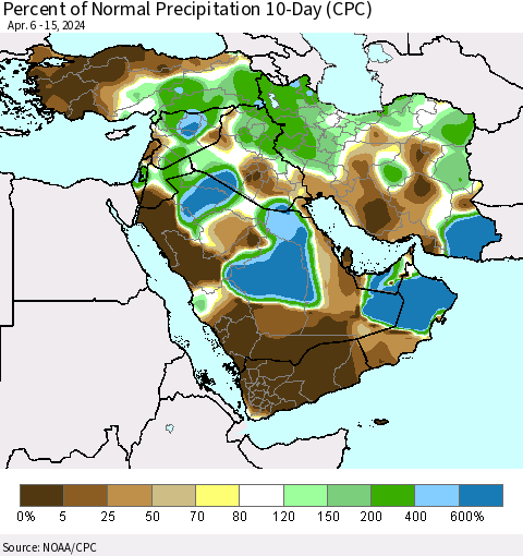 Middle East and Turkey Percent of Normal Precipitation 10-Day (CPC) Thematic Map For 4/6/2024 - 4/15/2024