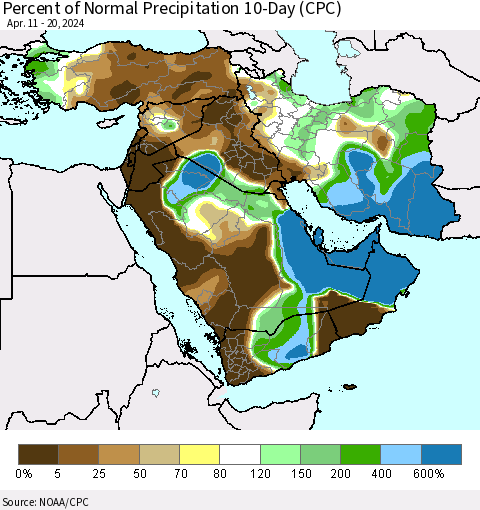 Middle East and Turkey Percent of Normal Precipitation 10-Day (CPC) Thematic Map For 4/11/2024 - 4/20/2024