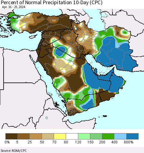 Middle East and Turkey Percent of Normal Precipitation 10-Day (CPC) Thematic Map For 4/16/2024 - 4/25/2024