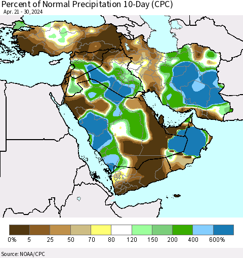 Middle East and Turkey Percent of Normal Precipitation 10-Day (CPC) Thematic Map For 4/21/2024 - 4/30/2024