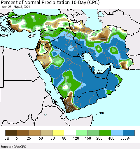 Middle East and Turkey Percent of Normal Precipitation 10-Day (CPC) Thematic Map For 4/26/2024 - 5/5/2024