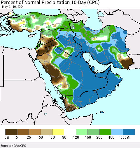 Middle East and Turkey Percent of Normal Precipitation 10-Day (CPC) Thematic Map For 5/1/2024 - 5/10/2024