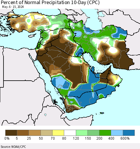 Middle East and Turkey Percent of Normal Precipitation 10-Day (CPC) Thematic Map For 5/6/2024 - 5/15/2024