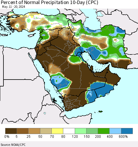 Middle East and Turkey Percent of Normal Precipitation 10-Day (CPC) Thematic Map For 5/11/2024 - 5/20/2024
